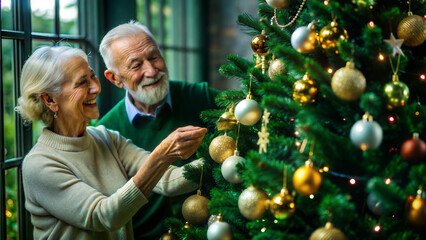 Elderly couple joyfully decorating Christmas tree together indoors