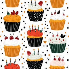 Colorful Birthday Cupcakes Seamless Pattern   Festive Dessert Background