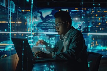 A programmer using a laptop with data code and analytics, illuminated by a futuristic screen, city lights in the background.