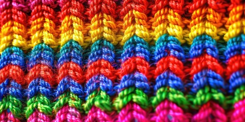Fototapeta premium Close-up of a vibrant, rainbow-colored knitted fabric showcasing intricate yarn patterns.