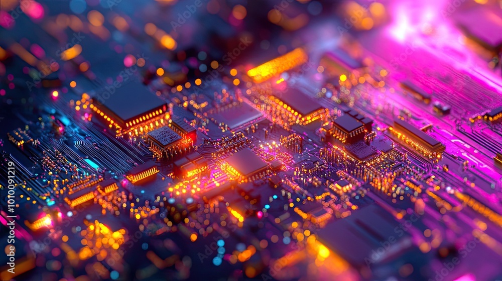 Poster close-up of a circuit board with illuminated components
