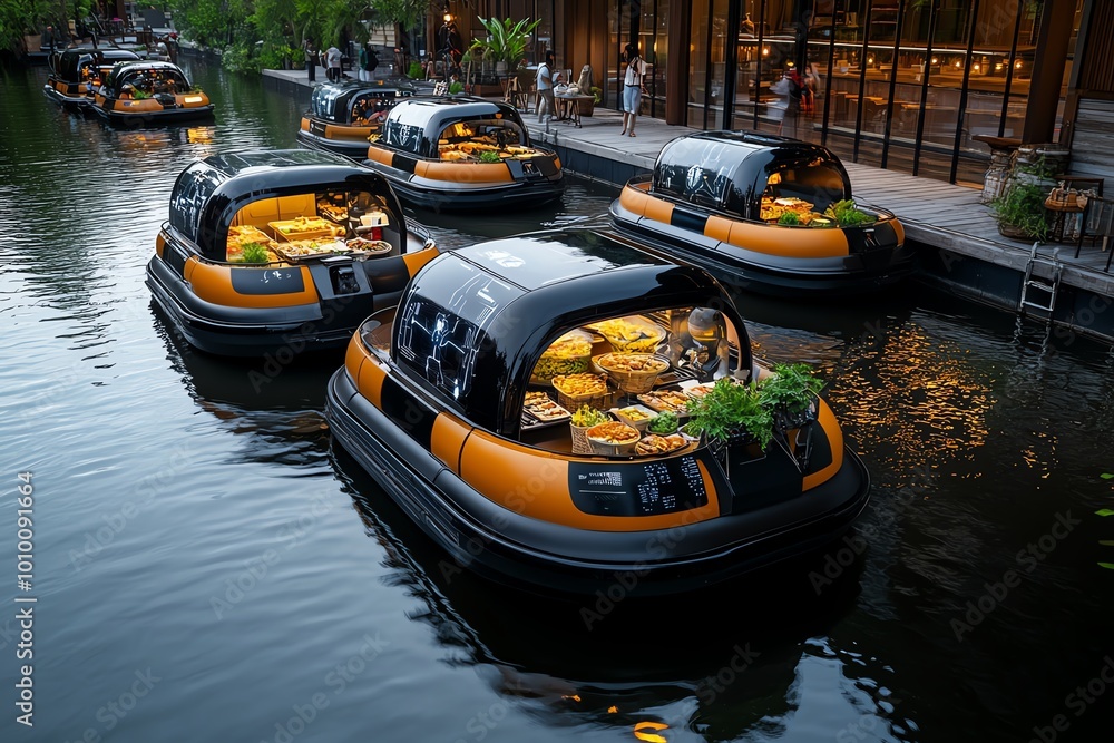 Poster a futuristic version of a floating market in thailand, with advanced boats powered by ai, serving fo