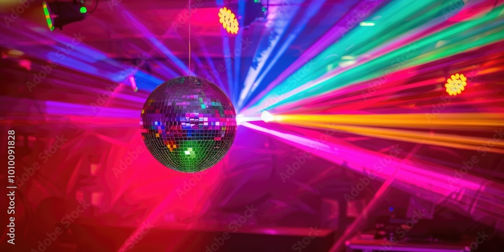 Wall mural shiny disco ball reflecting colorful lights, creating a party atmosphere with glowing bokeh effects.