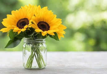 Vibrant sunflowers in a glass jar