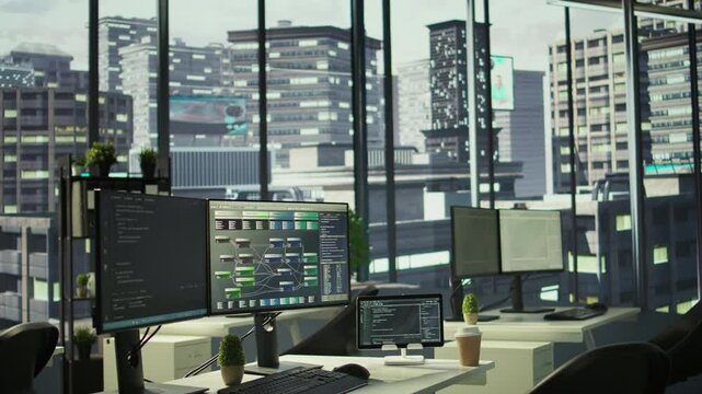 Empty IT department office used for building artificial intelligence machine learning software technology. Panning shot of bright modern company workspace with nobody in and devices left open on desks