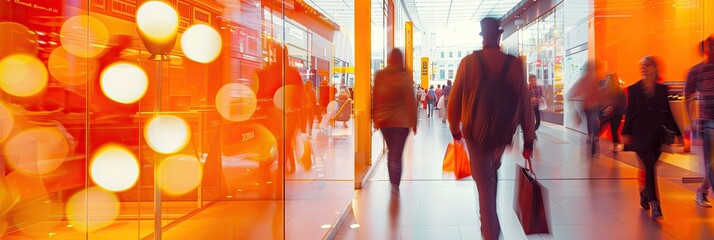 Blurred silhouette of a person walking with a shopping bag in a mall with warm tones and lights.
