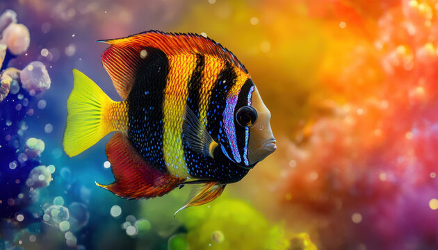 Vibrant fish with colorful stripes glides through a vivid, rainbow-hued underwater world, surrounded by vibrant bubbles and shimmering hues.