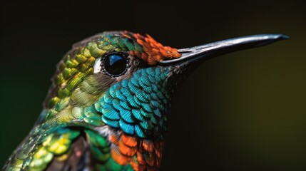 Obraz premium Close-up of a Hummingbird's Head with Vivid Green, Blue, and Orange Feathers