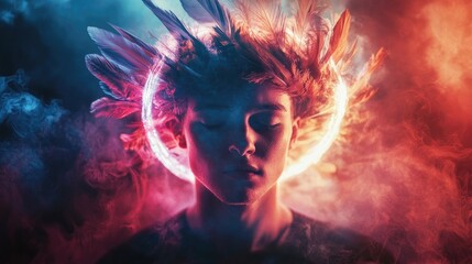 Fototapeta premium Man with Closed Eyes Surrounded by Feathers and a Glowing Halo in a Smoky Setting