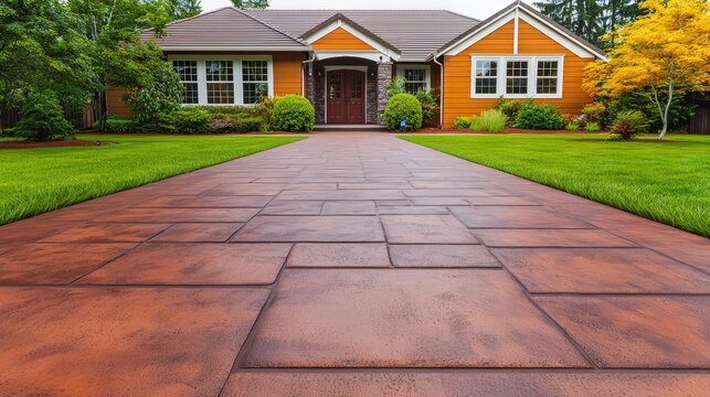 Stamped Concrete Patio Pathway Leading to House Entrance