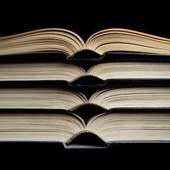 Fototapeta premium Open Books Stacked on Black Background Education Knowledge Literature