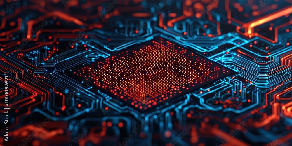 Poster abstract circuit board with glowing lines and processor