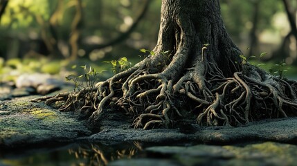 Obraz premium Tree Roots in the Forest: A Close-Up View of Nature's Beauty