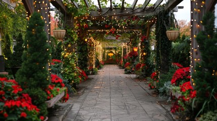 Fototapeta premium A mesmerizing pathway in a garden, adorned with vibrant red flowers and festive string lights, creating a magical and serene atmosphere perfect for a festive season stroll.