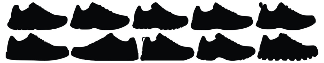 Shoes silhouettes set, footwear pack of vector silhouette design, isolated background.