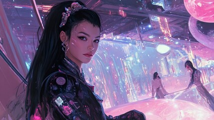 Cyberpunk Woman in Neon Cityscape - Futuristic Digital Art