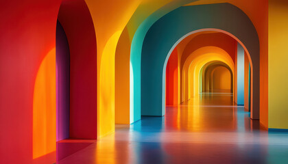 Obraz premium Vibrant, colorful hallway featuring an array of rainbow hues with arched architecture, creating an inspiring and lively atmosphere.