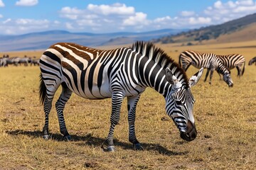 Obraz premium A herd of zebras grazing in the African plains, their black-and-white stripes standing out against the golden grass of the savannah