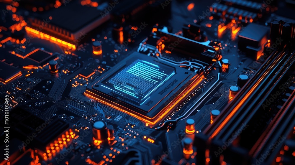 Poster close-up of a glowing computer motherboard with a processor in the center