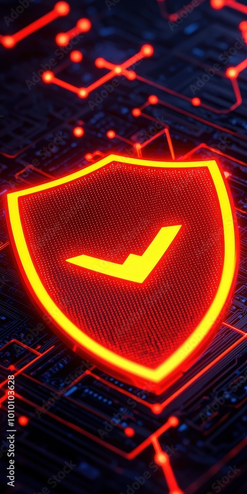 Poster glowing cybersecurity shield with checkmark on digital network