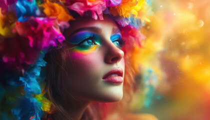 Fototapeta premium A woman with vibrant makeup and a colorful flower headdress gazes thoughtfully against a radiant, artistic background.