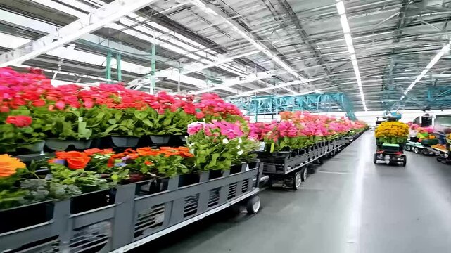 center racks plastic crates filled colorful flowers including pink red purple blooms carts move further shipment flower fresh green sale export
