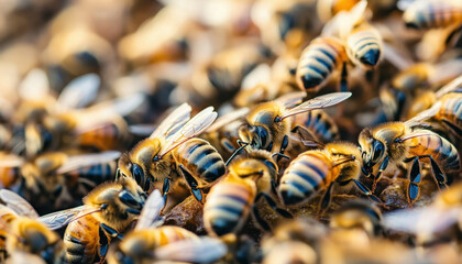 Close-up of a bustling swarm of bees working together. The image captures the intricate details and harmony within the hive with vibrant shades of yellow and black.