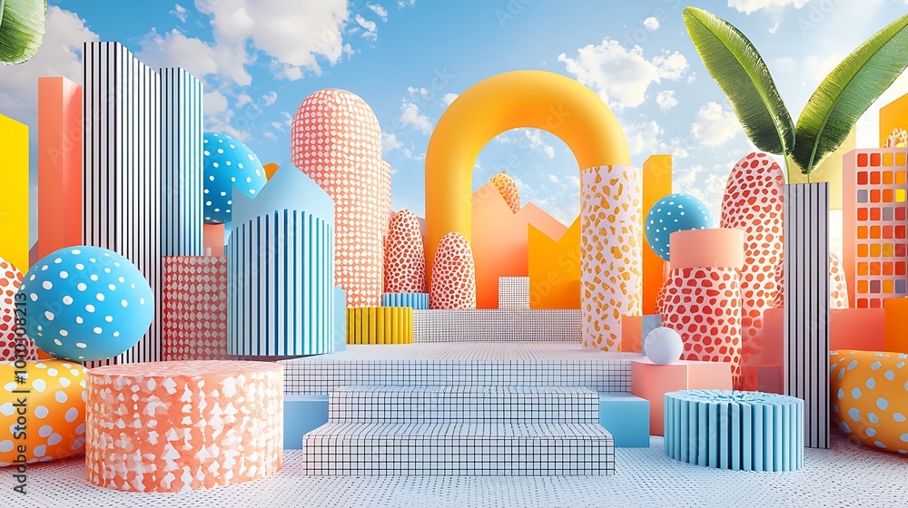 Poster geometric shapes and arches create a bold abstract background, offering a modern twist on artistic d