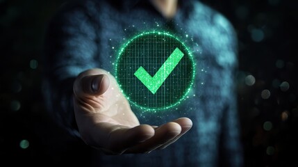 Verifying Success: A Glowing Green Checkmark in the Palm of a Hand