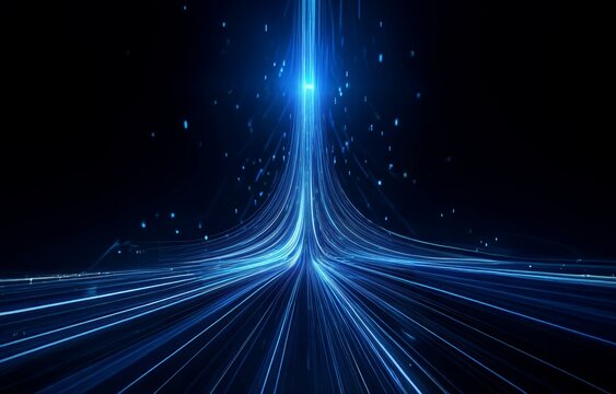 Abstract blue lines on a black background converge in the distance to a bright light source, creating a futuristic, digital, and technological feel.