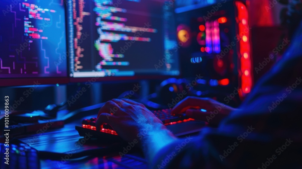 Poster engaging in programming with neon lights and code