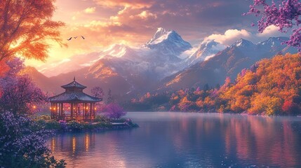 Fototapeta premium A tranquil gazebo reflects in the shimmering enchanted water below