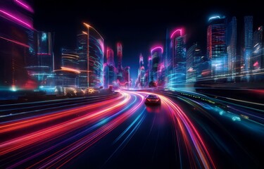 Obraz premium A car drives down a glowing road in a neon city, with streaks of light blurring into abstract shapes.