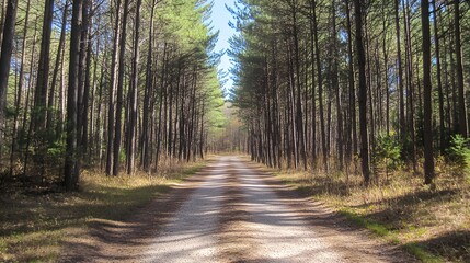 Fototapeta premium A gravel road stretching through an untouched pine forest, with towering trees casting long shadows on the path 
