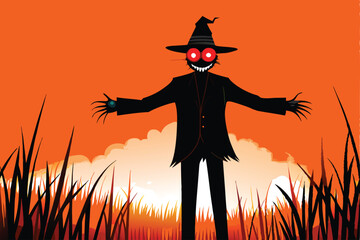 A creepy scarecrow with glowing eyes standing in a field at sunset.