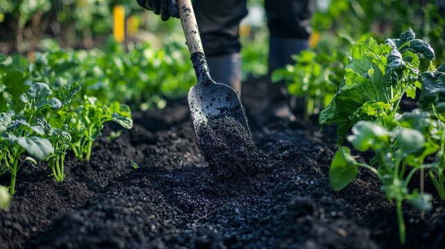 A close-up of biochar being applied to a vegetable garden, showing the dark, porous material blending with the soil