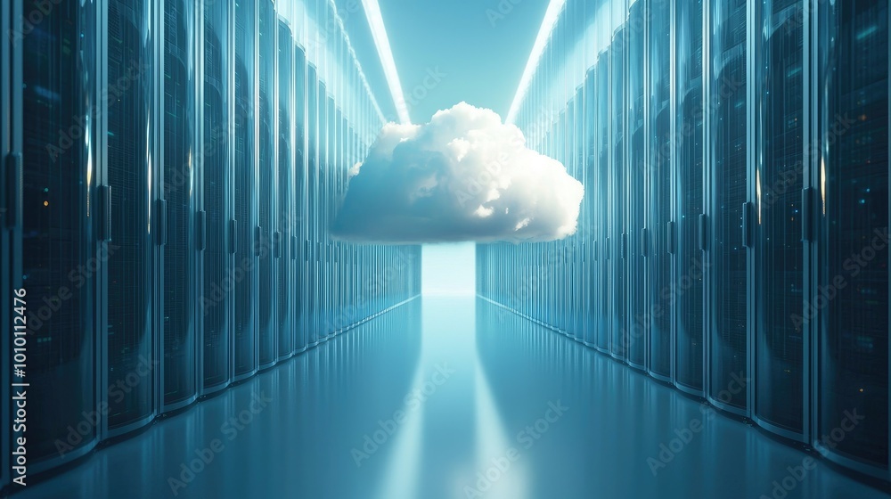 Poster cloud computing concept with server racks and white cloud