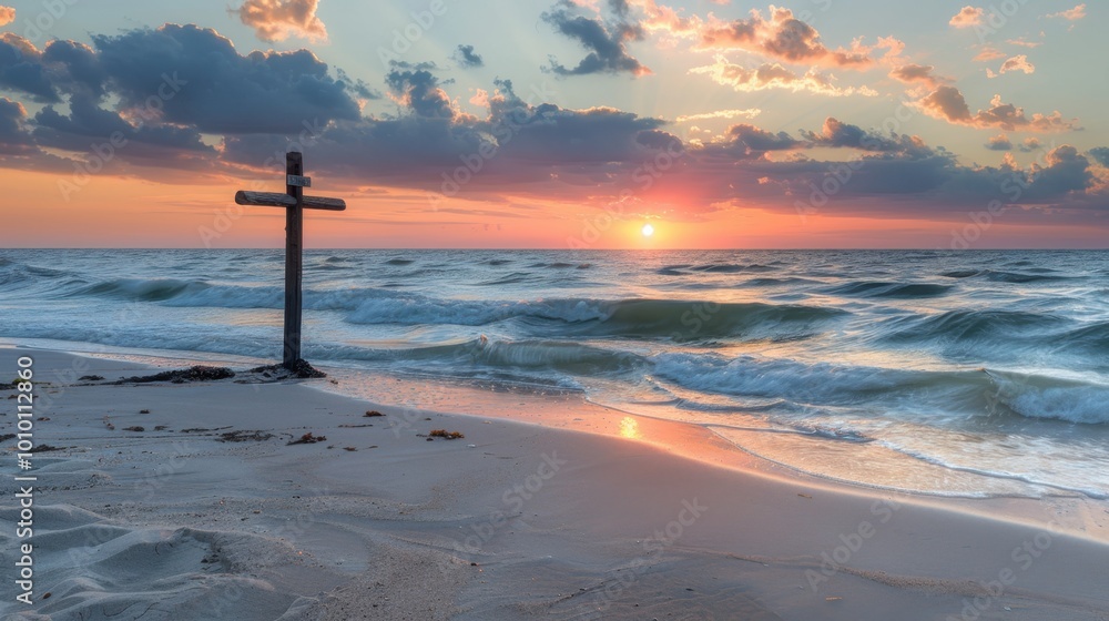 Sticker Sunset Over Ocean with Cross on Beach