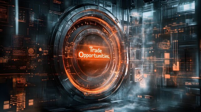 A powerful visual of a secure vault marked "Trade Opportunities," encircled by political icons, representing the barriers to international trade and the impact of economic isolationism 