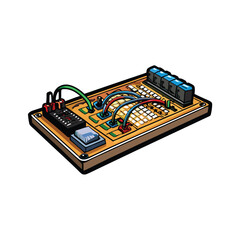 Create a detailed, labeled vector illustration of a breadboard with components, wires, and connections.