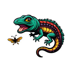 A detailed cartoon lizard with a long tail flicking its tongue at a fly.