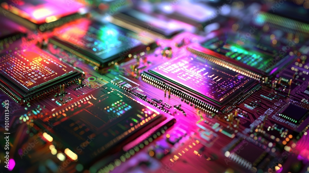 Poster close-up of a colorful and illuminated circuit board