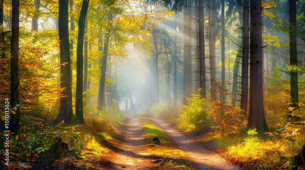 Wall mural Serene Pathway Through Vibrant Autumn Forest