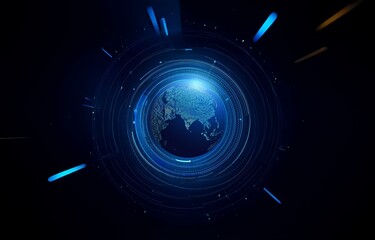 A dark background with blue lines forming circular shapes and a globe in the center.