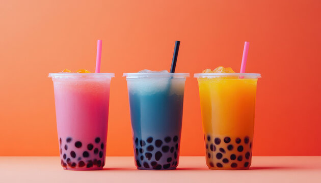 Three vibrant bubble tea drinks with colorful straws against an orange backdrop, featuring pink, blue, and yellow flavors with tapioca pearls.