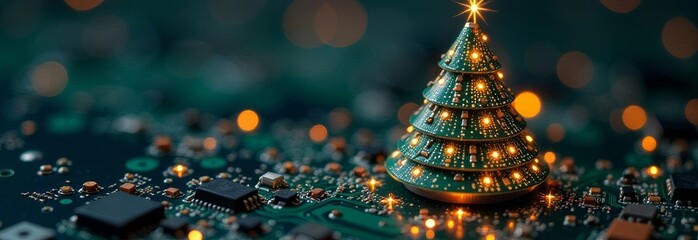 A circuit board adorned with a glowing Christmas tree made from electronic components and lights during the holiday season