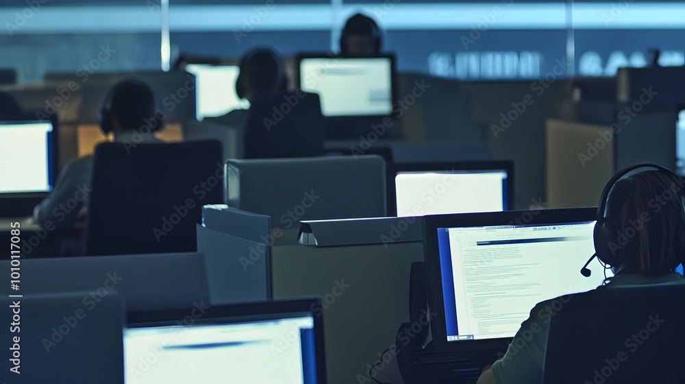 Poster a row of people working on computers in an office setting.