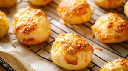 Close-up of golden brown cheesy bread rolls on a cooling rack.