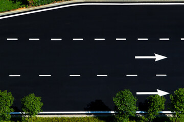 High angle view, Road route with broken line and arrow direction