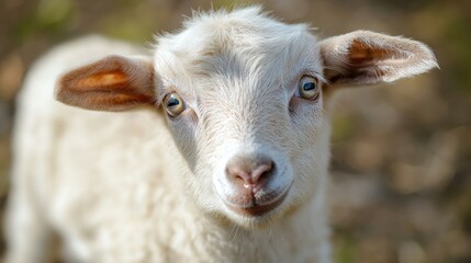 Obraz premium Close-up Portrait of a White Lamb with Blue Eyes Looking Directly at the Camera